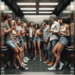 DALL·E 2023-11-12 16.18.35 - A photorealistic image of a beer party inside an elevator. The scene depicts a group of people, diverse in gender and ethnicity, enjoying beer in the .png